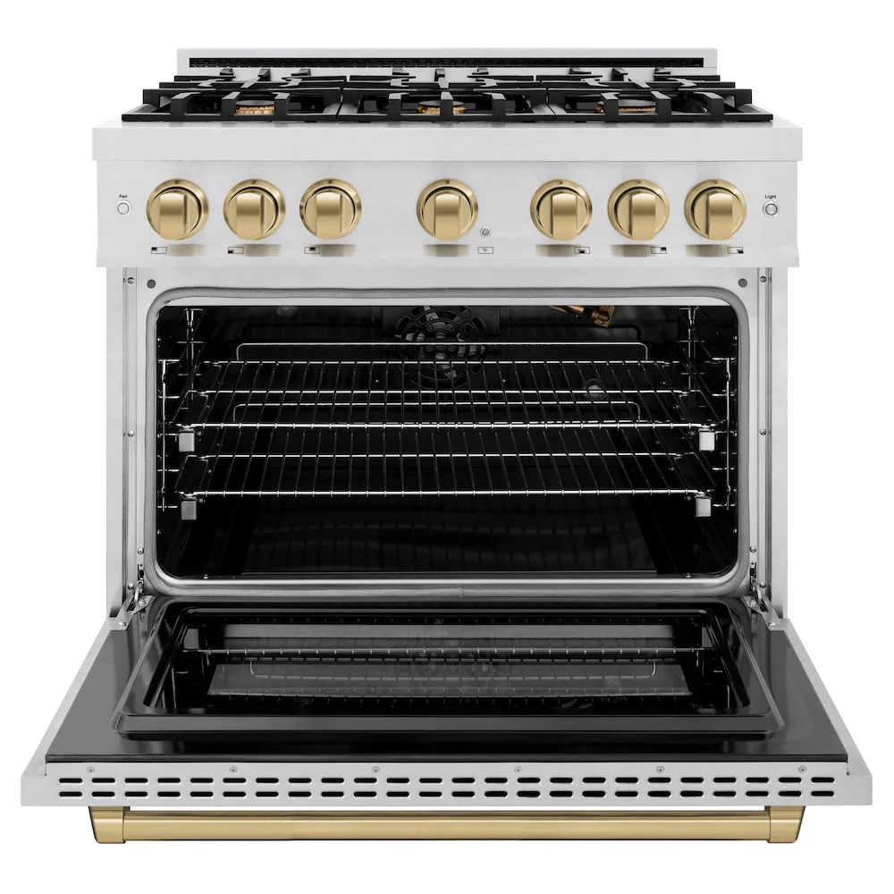 ZLINE Autograph Edition 36 in. 5.2 cu. ft. Select Gas Range with 6 Burner Cooktop and Convection Gas Oven in Satin Stainless Steel and Champagne Bronze Accents, Open Box-Great Condition - Image 5