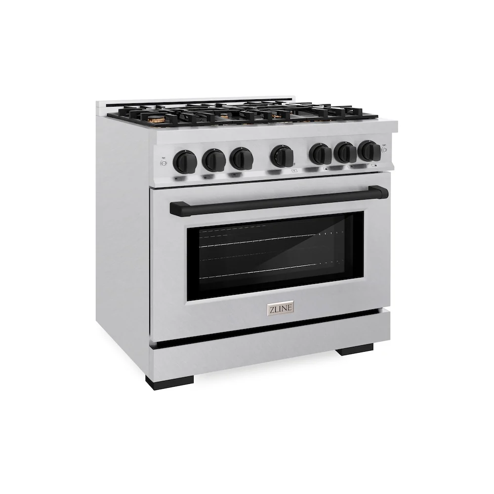 ZLINE Autograph Edition 36 in. 5.2 cu. ft. Select Gas Range with 6 Burner Cooktop and Convection Gas Oven in Satin Stainless Steel and Matte Black Accents, Open Box-Great Condition