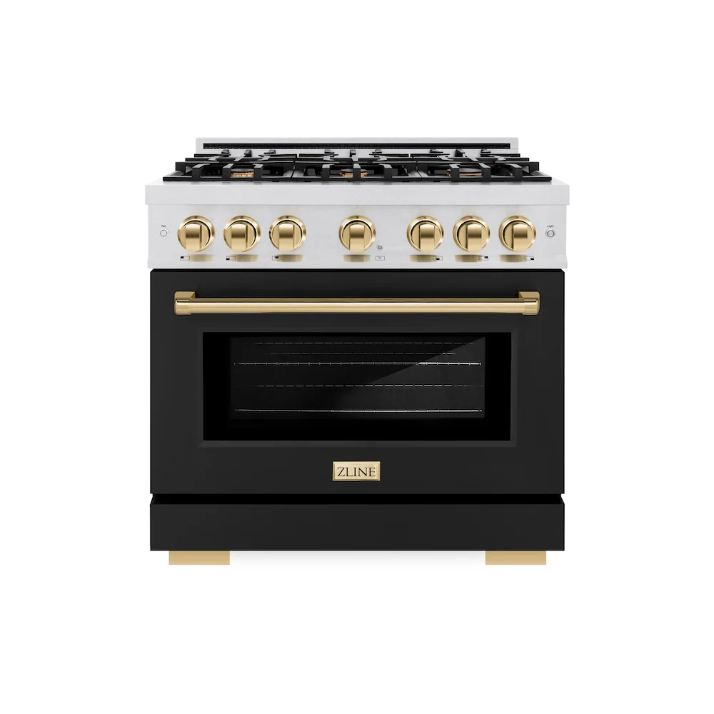 ZLINE Autograph Edition 36 in. 5.2 cu. ft. Select Gas Range with 6 Burner Cooktop and Convection Gas Oven in Satin Stainless Steel with Black Matte Door and Polished Gold Accents, Open Box-Great Condition - Image 3