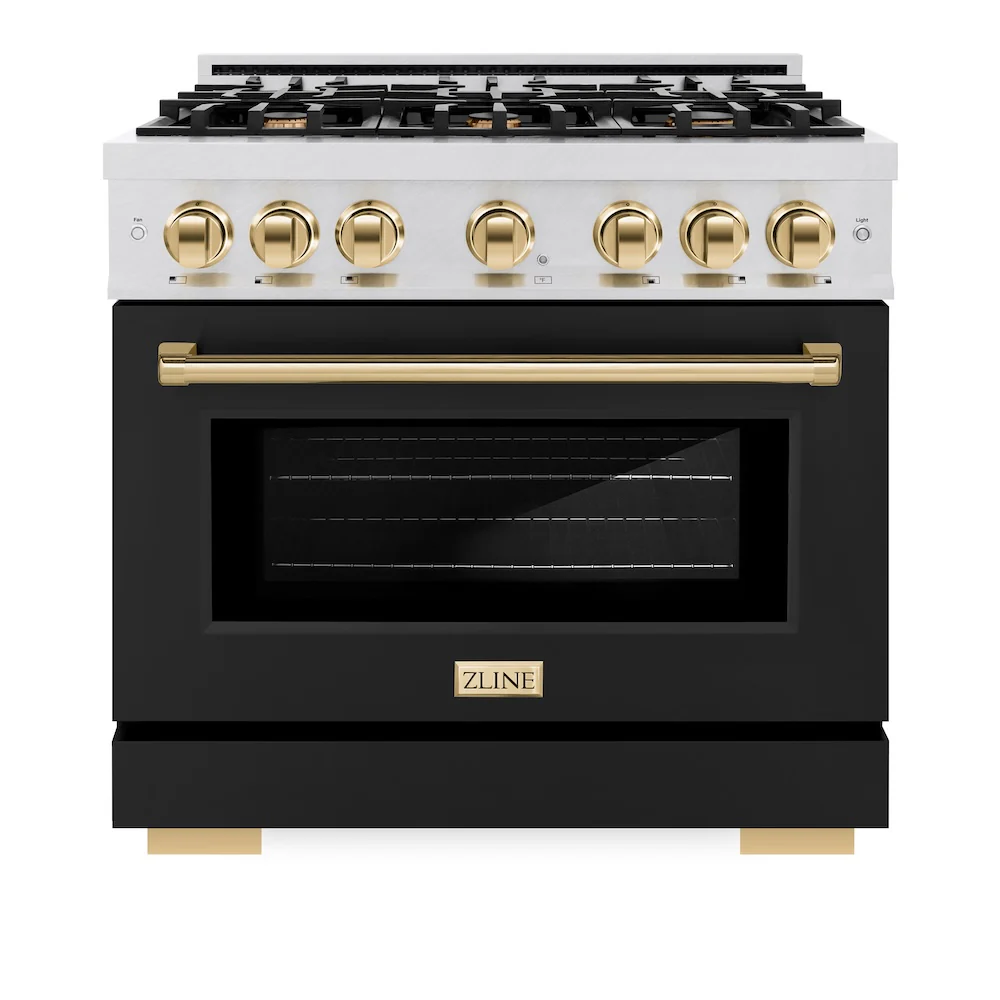 ZLINE Autograph Edition 36 in. 5.2 cu. ft. Select Gas Range with 6 Burner Cooktop and Convection Gas Oven in Satin Stainless Steel with Black Matte Door and Polished Gold Accents, Open Box-Great Condition - Image 4