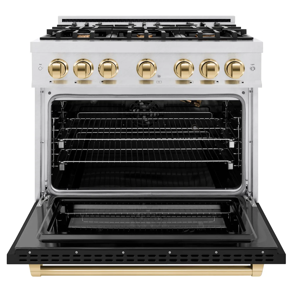 ZLINE Autograph Edition 36 in. 5.2 cu. ft. Select Gas Range with 6 Burner Cooktop and Convection Gas Oven in Satin Stainless Steel with Black Matte Door and Polished Gold Accents, Open Box-Great Condition - Image 5