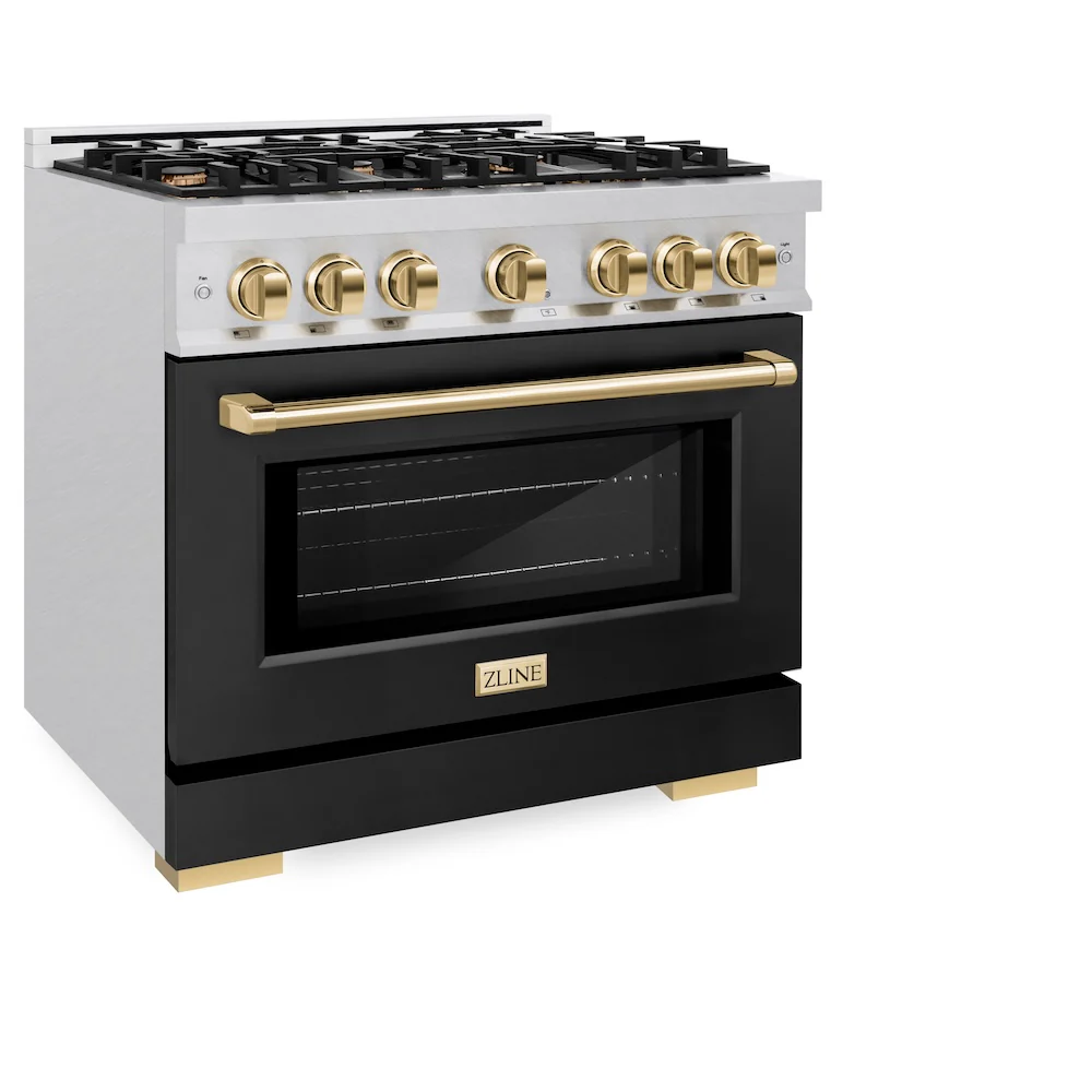 ZLINE Autograph Edition 36 in. 5.2 cu. ft. Select Gas Range with 6 Burner Cooktop and Convection Gas Oven in Satin Stainless Steel with Black Matte Door and Polished Gold Accents, Open Box-Great Condition - Image 6