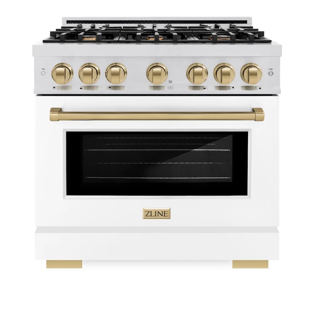 ZLINE Autograph Edition 36 in. 5.2 cu. ft. Select Gas Range with 6 Burner Cooktop and Convection Gas Oven in Satin Stainless Steel with White Matte Door and Champagne Bronze Accents, Open Box-Great Condition - Image 4