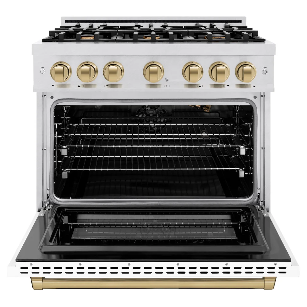 ZLINE Autograph Edition 36 in. 5.2 cu. ft. Select Gas Range with 6 Burner Cooktop and Convection Gas Oven in Satin Stainless Steel with White Matte Door and Champagne Bronze Accents, Open Box-Great Condition - Image 5