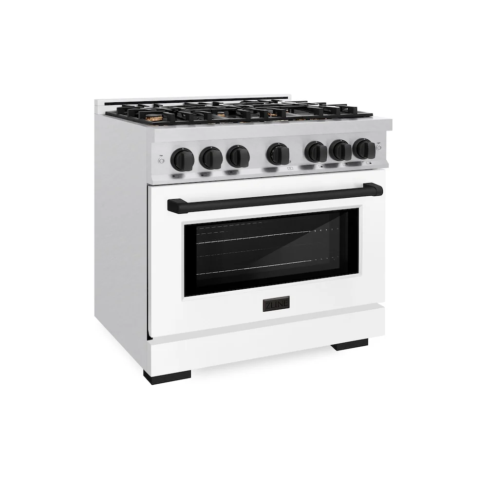 ZLINE Autograph Edition 36 in. 5.2 cu. ft. Select Gas Range with 6 Burner Cooktop and Convection Gas Oven in Satin Stainless Steel with White Matte Door and Matte Black Accents, Open Box-Great Condition