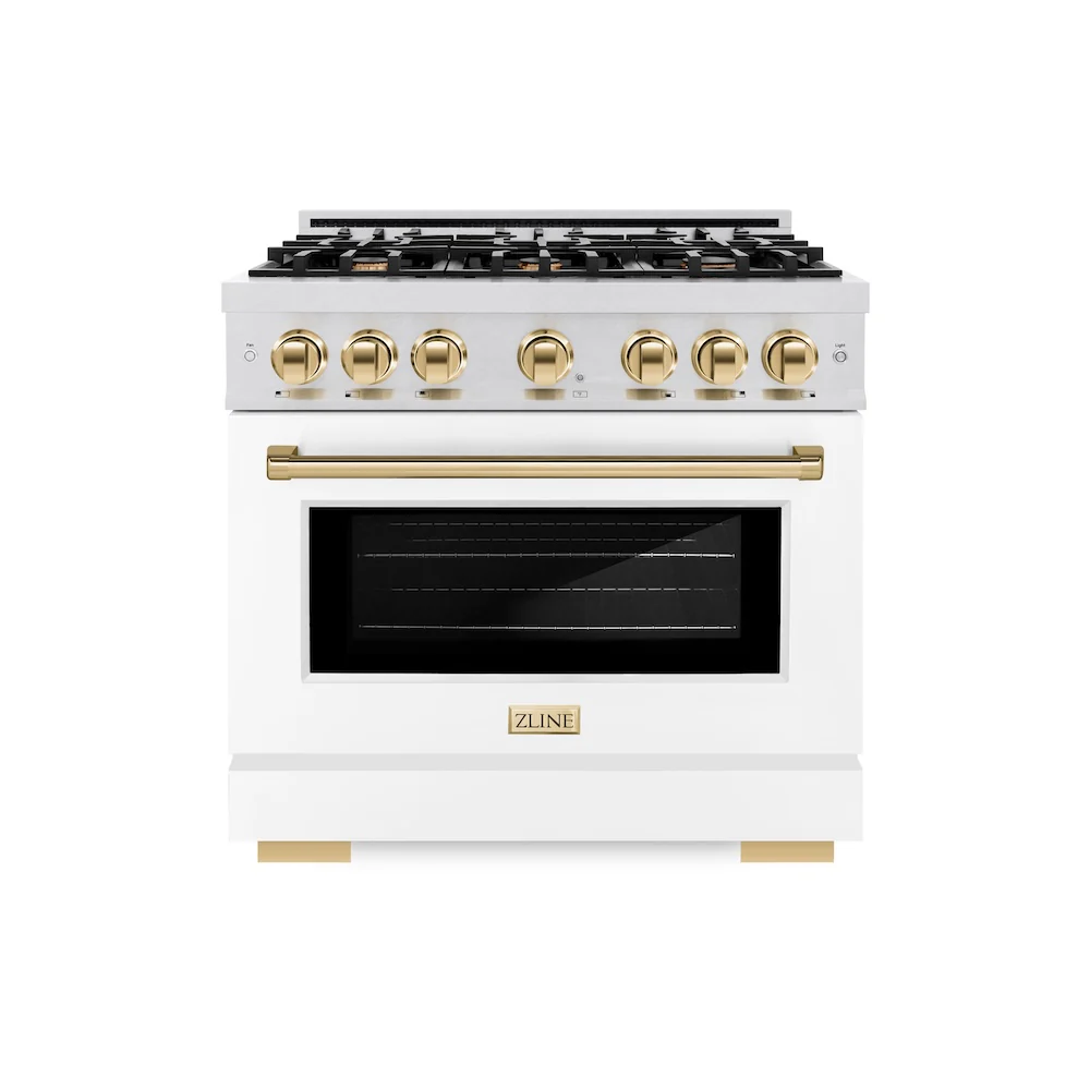ZLINE Autograph Edition 36 in. 5.2 cu. ft. Select Gas Range with 6 Burner Cooktop and Convection Gas Oven in Satin Stainless Steel with White Matte Door and Polished Gold Accents, Open Box-Great Condition - Image 3