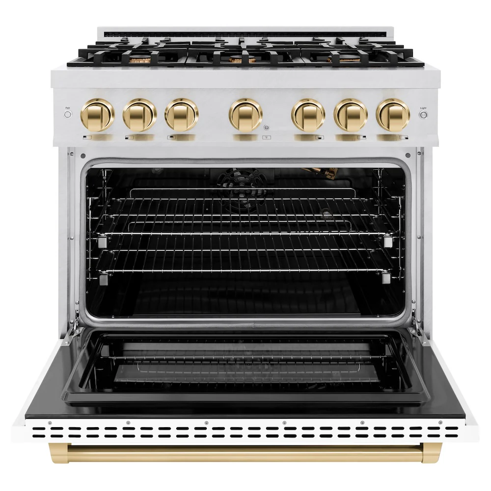 ZLINE Autograph Edition 36 in. 5.2 cu. ft. Select Gas Range with 6 Burner Cooktop and Convection Gas Oven in Satin Stainless Steel with White Matte Door and Polished Gold Accents, Open Box-Great Condition - Image 5
