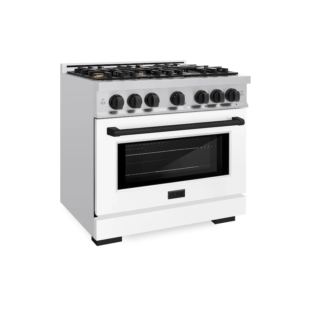 ZLINE Autograph Edition 36 in. 5.2 cu. ft. Select Gas Range with 6 Burner Cooktop and Convection Gas Oven in Stainless Steel with White Matte Door and Matte Black Accents, Open Box-Great Condition