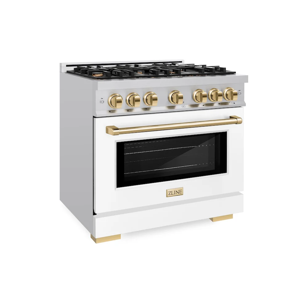 ZLINE Autograph Edition 36 in. 5.2 cu. ft. Select Gas Range with 6 Burner Cooktop and Convection Gas Oven in Stainless Steel with White Matte Door and Polished Gold Accents, Open Box-Great Condition