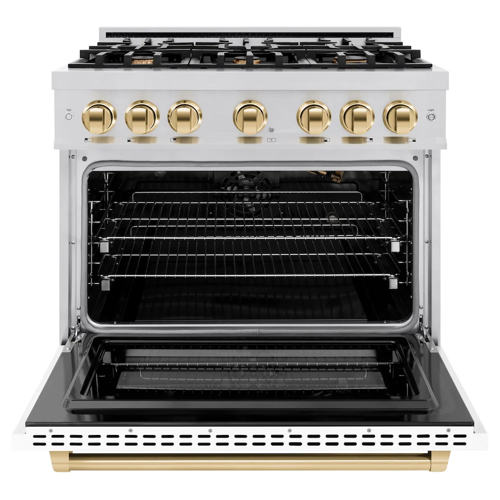 ZLINE Autograph Edition 36 in. 5.2 cu. ft. Select Gas Range with 6 Burner Cooktop and Convection Gas Oven in Stainless Steel with White Matte Door and Polished Gold Accents, Open Box-Great Condition - Image 5