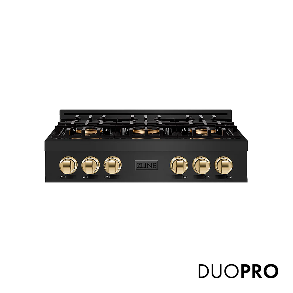 ZLINE Autograph Edition 36 in. Classic Gas Rangetop with 6 Burner DuoPro™ Cooktop in Black Stainless Steel and Polished Gold Accents, Open Box-Great Condition