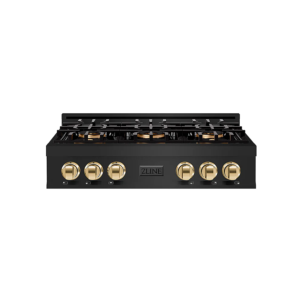 ZLINE Autograph Edition 36 in. Classic Gas Rangetop with 6 Burner DuoPro™ Cooktop in Black Stainless Steel and Polished Gold Accents, Open Box-Great Condition - Image 3