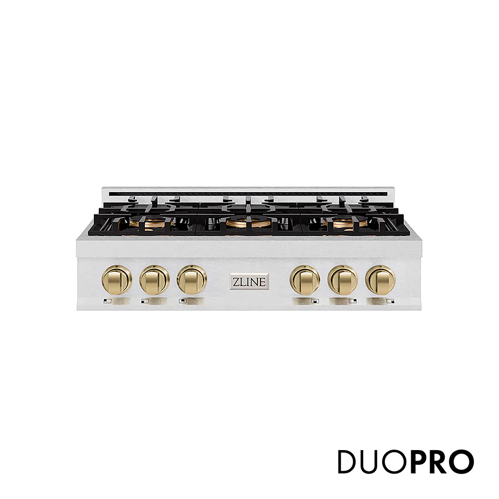 ZLINE Autograph Edition 36 in. Classic Gas Rangetop with 6 Burner DuoPro™ Cooktop in Satin Stainless Steel and Champagne Bronze Accents, Open Box-Great Condition