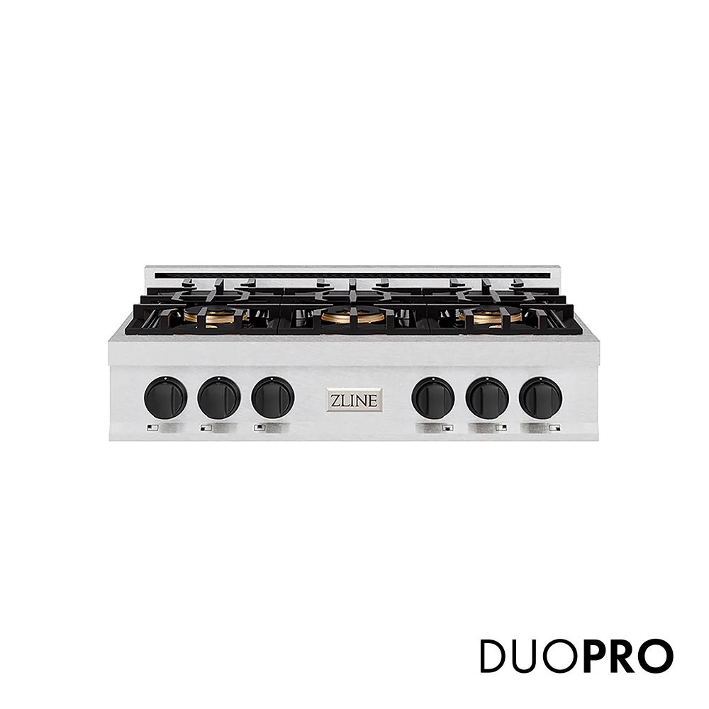 ZLINE Autograph Edition 36 in. Classic Gas Rangetop with 6 Burner DuoPro™ Cooktop in Satin Stainless Steel and Matte Black Accents, Open Box-Great Condition