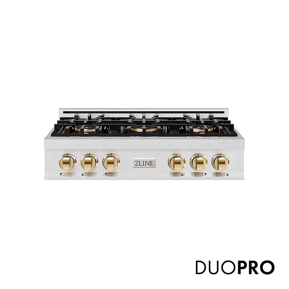 ZLINE Autograph Edition 36 in. Classic Gas Rangetop with 6 Burner DuoPro™ Cooktop in Satin Stainless Steel and Polished Gold Accents, Open Box-Great Condition