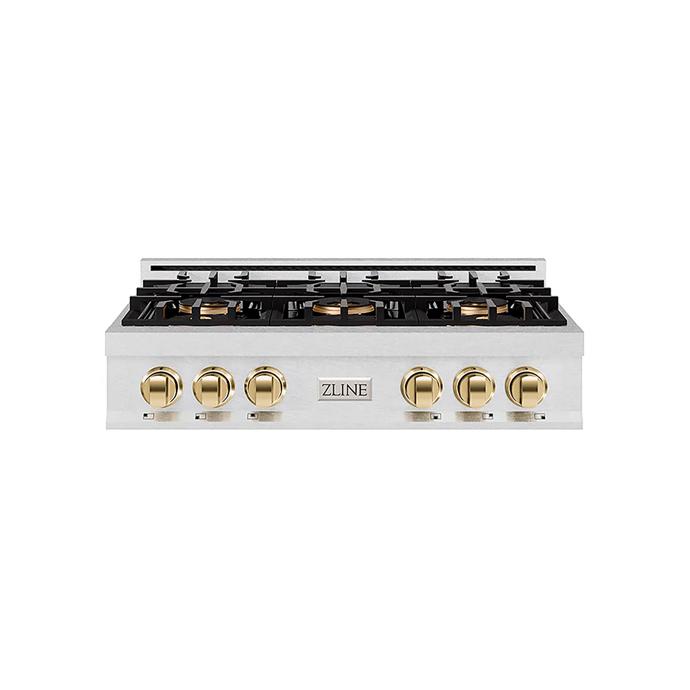 ZLINE Autograph Edition 36 in. Classic Gas Rangetop with 6 Burner DuoPro™ Cooktop in Satin Stainless Steel and Polished Gold Accents, Open Box-Great Condition - Image 3