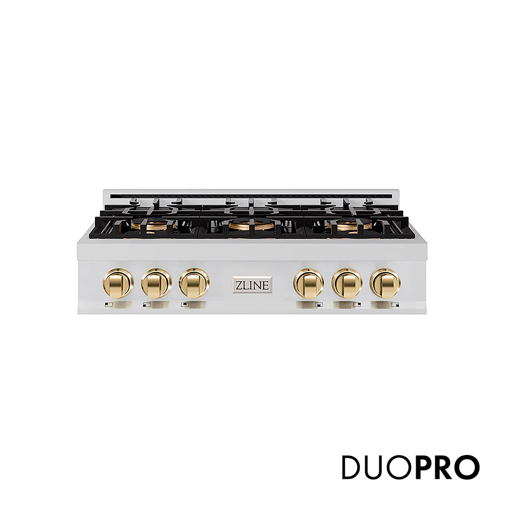ZLINE Autograph Edition 36 in. Classic Gas Rangetop with 6 Burner DuoPro™ Cooktop in Stainless Steel and Polished Gold Accents, Open Box-Great Condition