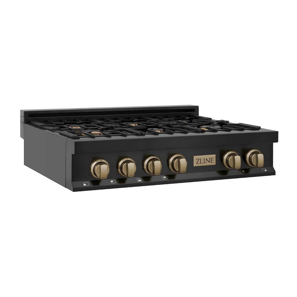 ZLINE Autograph Edition 36 in. Legacy Gas Rangetop with 6 Burners and Porcelain Cooktop in Black Stainless Steel with Champagne Bronze Accents, Open Box-Great Condition