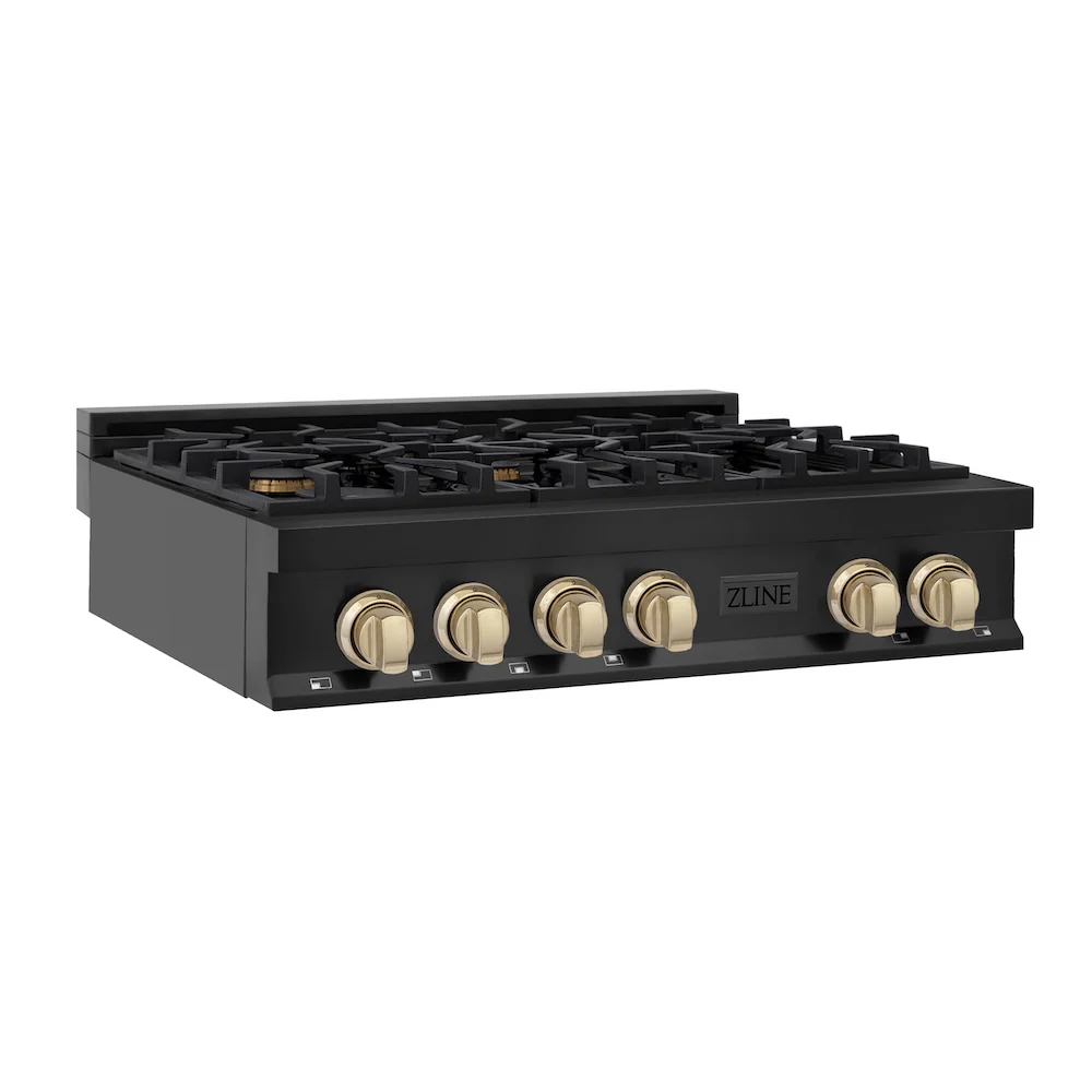 ZLINE Autograph Edition 36 in. Legacy Gas Rangetop with 6 Burners and Porcelain Cooktop in Black Stainless Steel with Polished Gold Accents, Open Box-Great Condition
