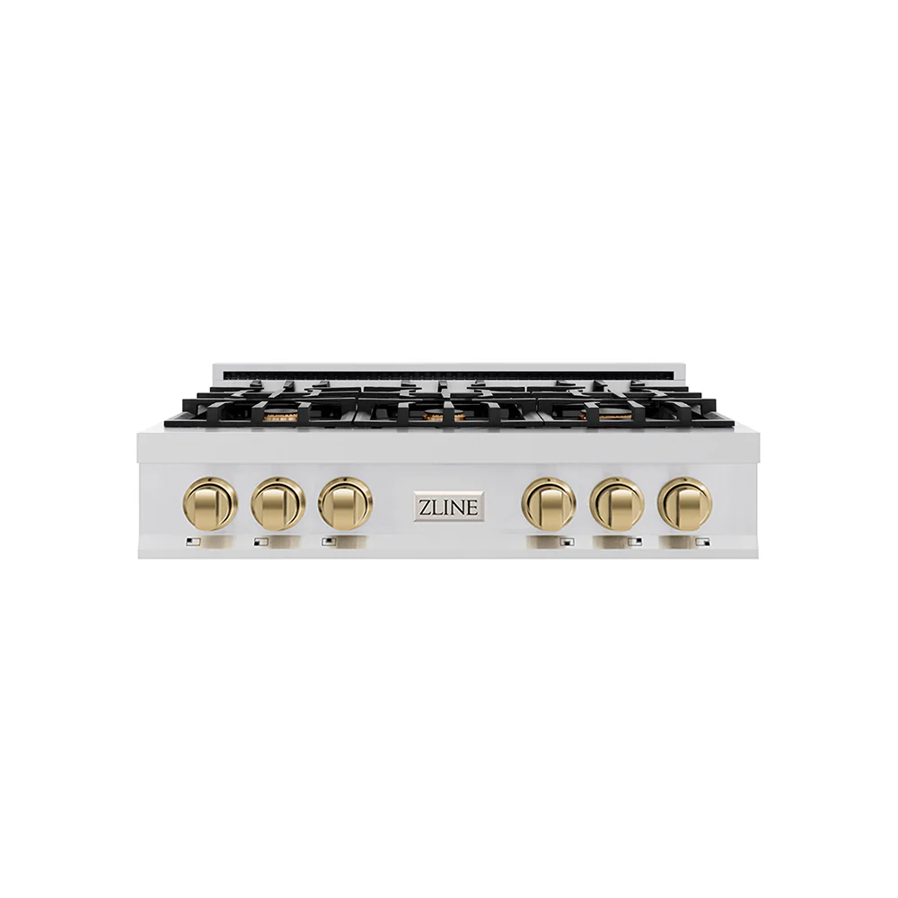ZLINE Autograph Edition 36 in. Legacy Gas Rangetop with 6 Burners and Porcelain Cooktop in Stainless Steel with Champagne Bronze Accents, Open Box-Good Condition