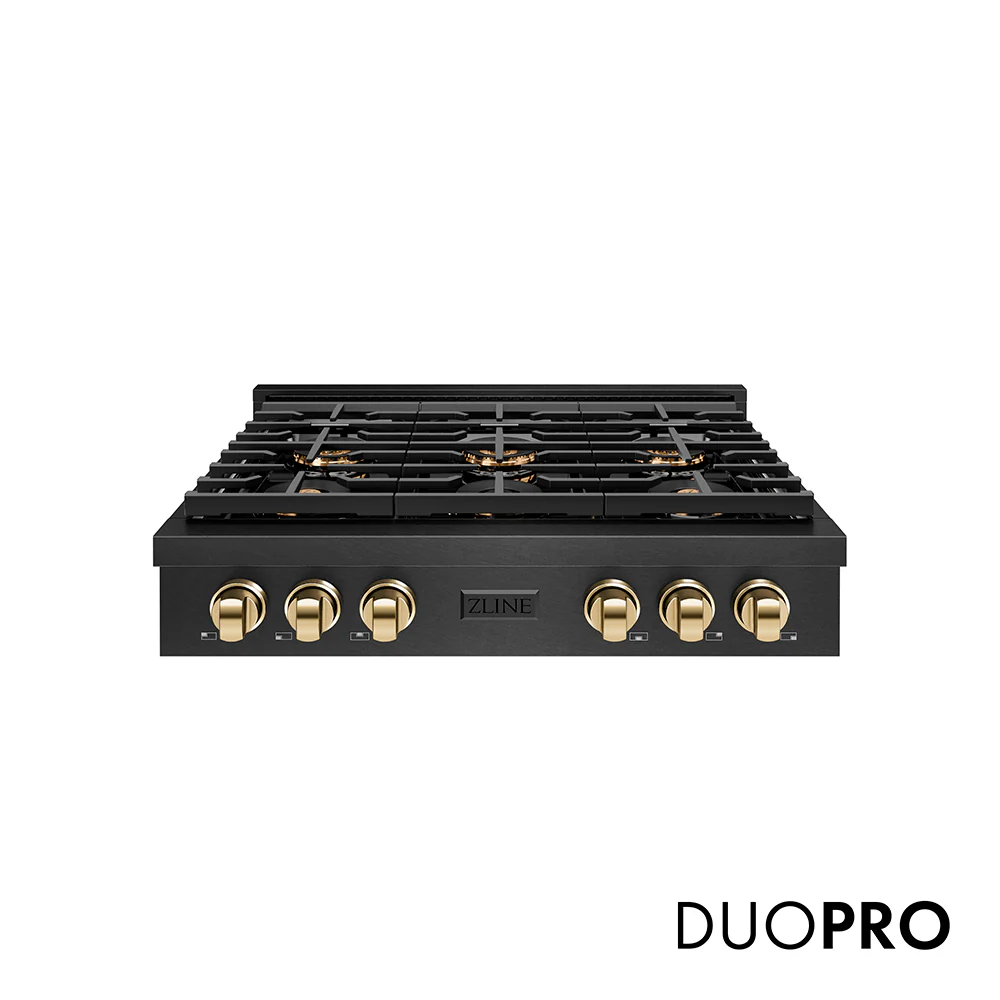 ZLINE Autograph Edition 36 in. Paramount Gas Rangetop with 6 Burner DuoPro™ Cooktop in Black Satin Stainless Steel and Polished Gold Accents, Open Box-Great Condition
