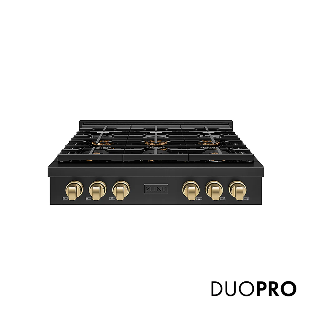 ZLINE Autograph Edition 36 in. Paramount Gas Rangetop with 6 Burner DuoPro™ Cooktop in Black Stainless Steel and Champagne Bronze Accents, Open Box-Great Condition