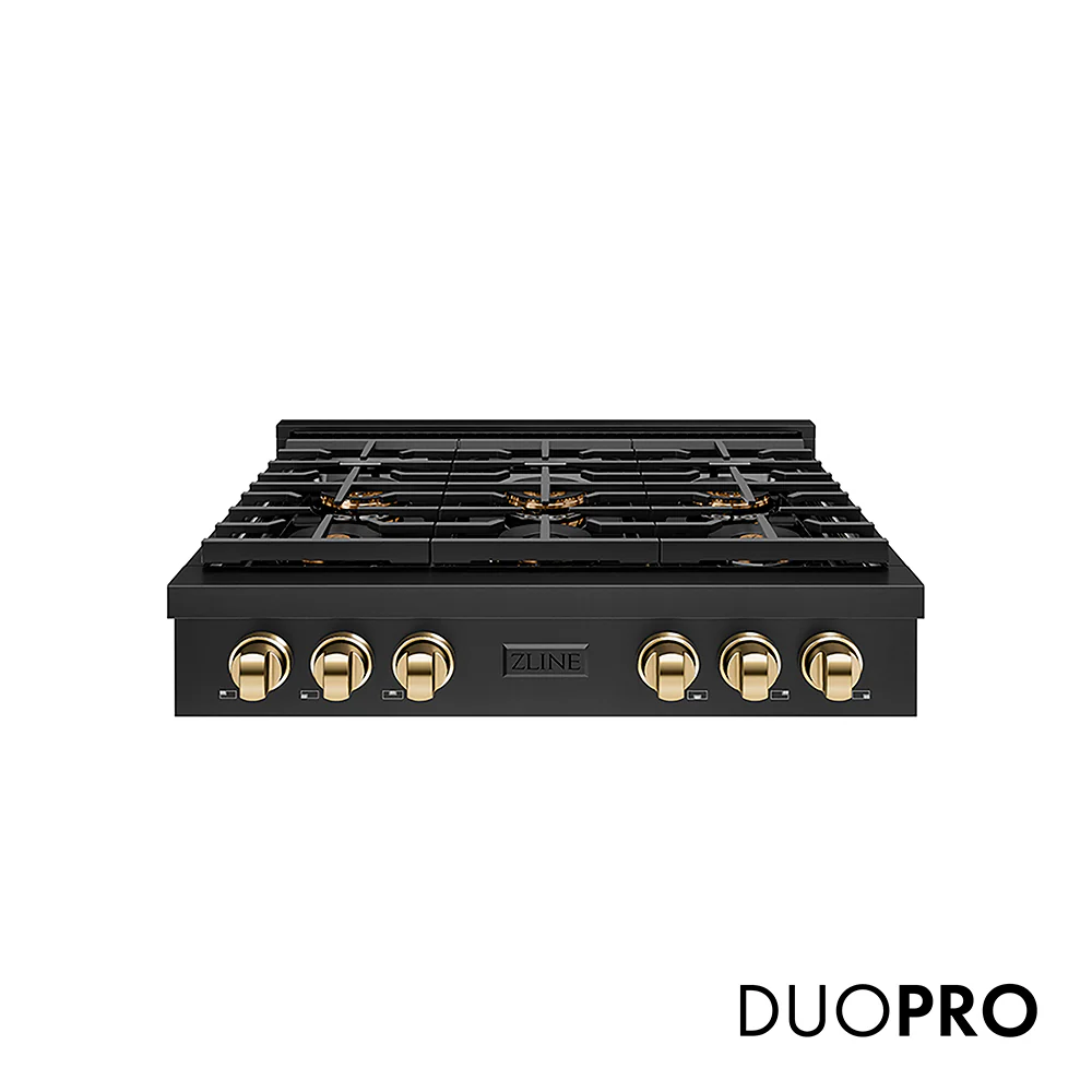 ZLINE Autograph Edition 36 in. Paramount Gas Rangetop with 6 Burner DuoPro™ Cooktop in Black Stainless Steel and Polished Gold Accents, Open Box-Great Condition
