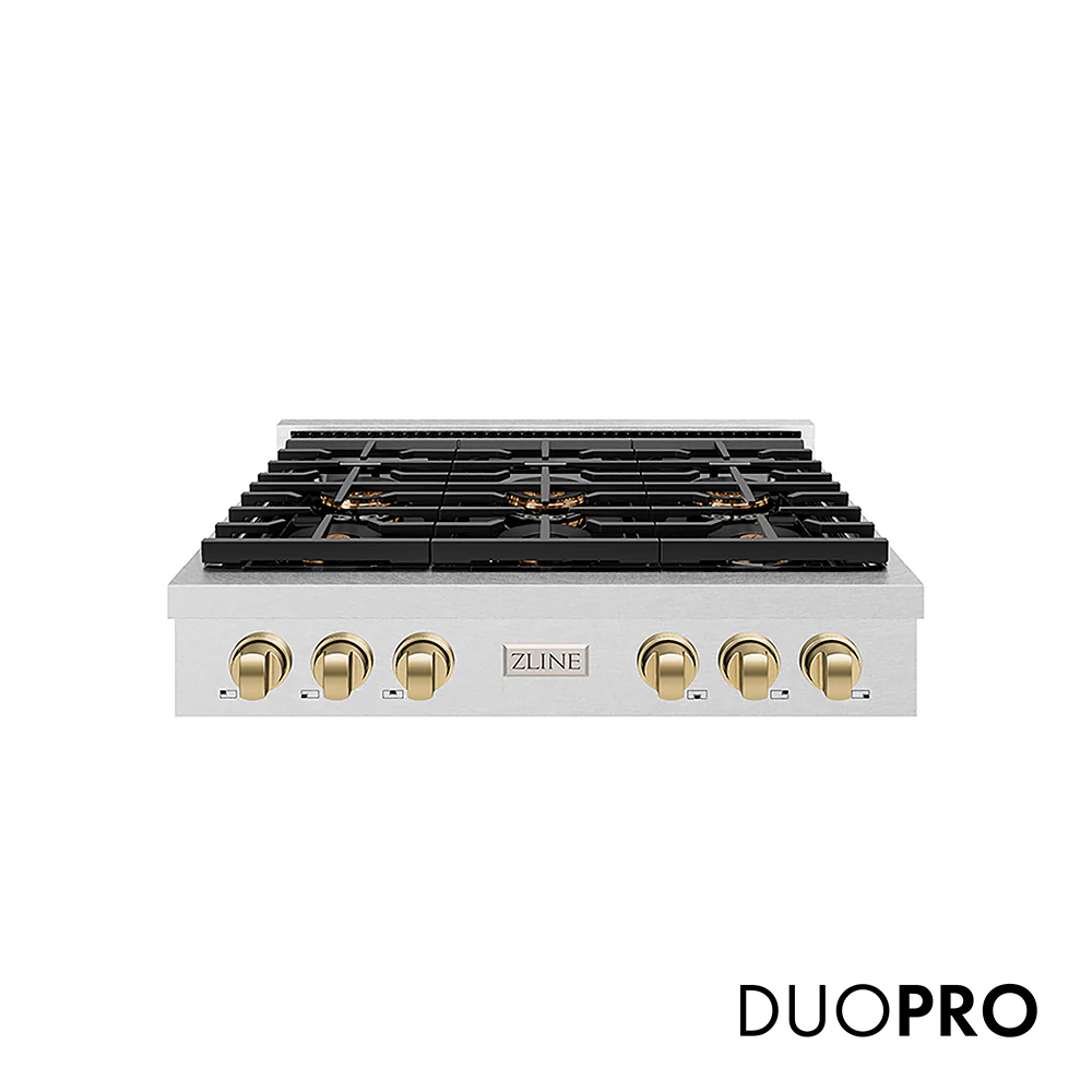 ZLINE Autograph Edition 36 in. Paramount Gas Rangetop with 6 Burner DuoPro™ Cooktop in Satin Stainless Steel and Champagne Bronze Accents, Open Box-Great Condition