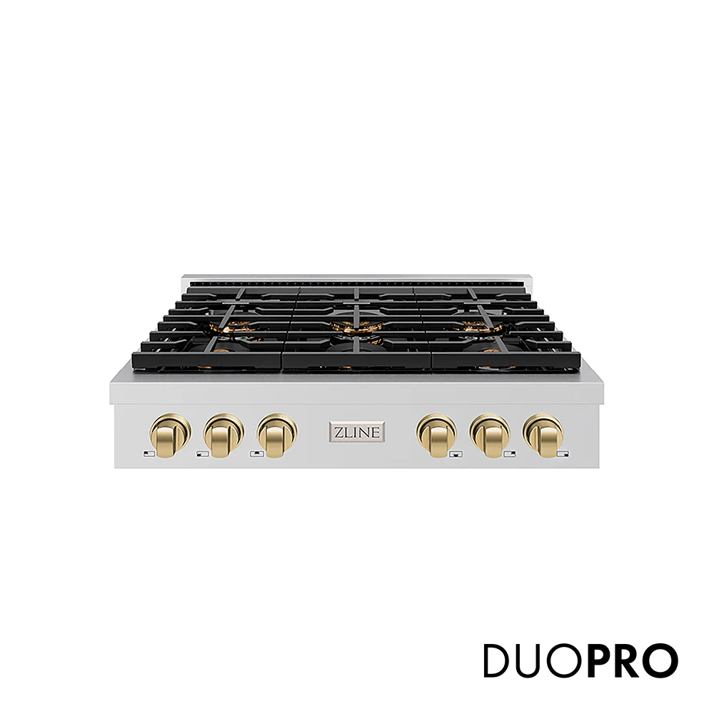 ZLINE Autograph Edition 36 in. Paramount Gas Rangetop with 6 Burner DuoPro™ Cooktop in Stainless Steel and Champagne Bronze Accents, Open Box-Great Condition
