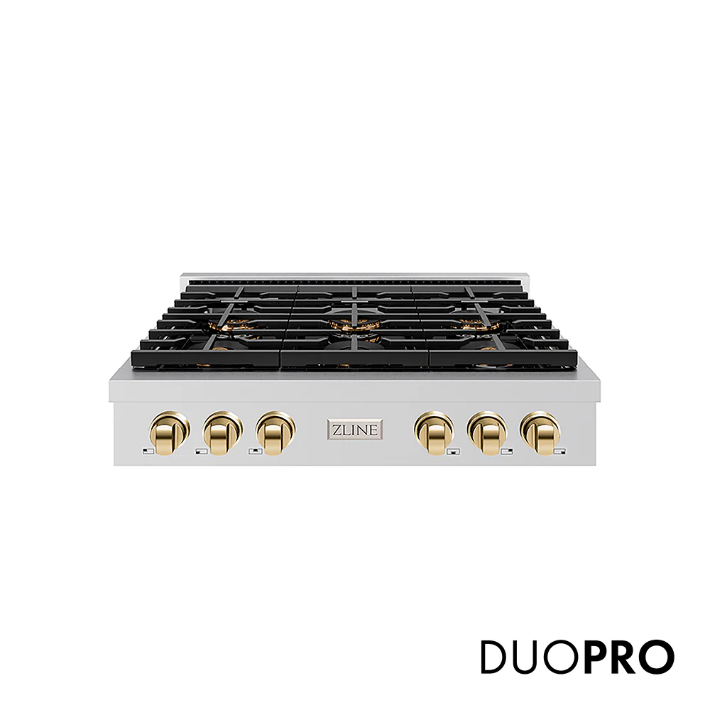 ZLINE Autograph Edition 36 in. Paramount Gas Rangetop with 6 Burner DuoPro™ Cooktop in Stainless Steel and Polished Gold Accents, Open Box-Great Condition