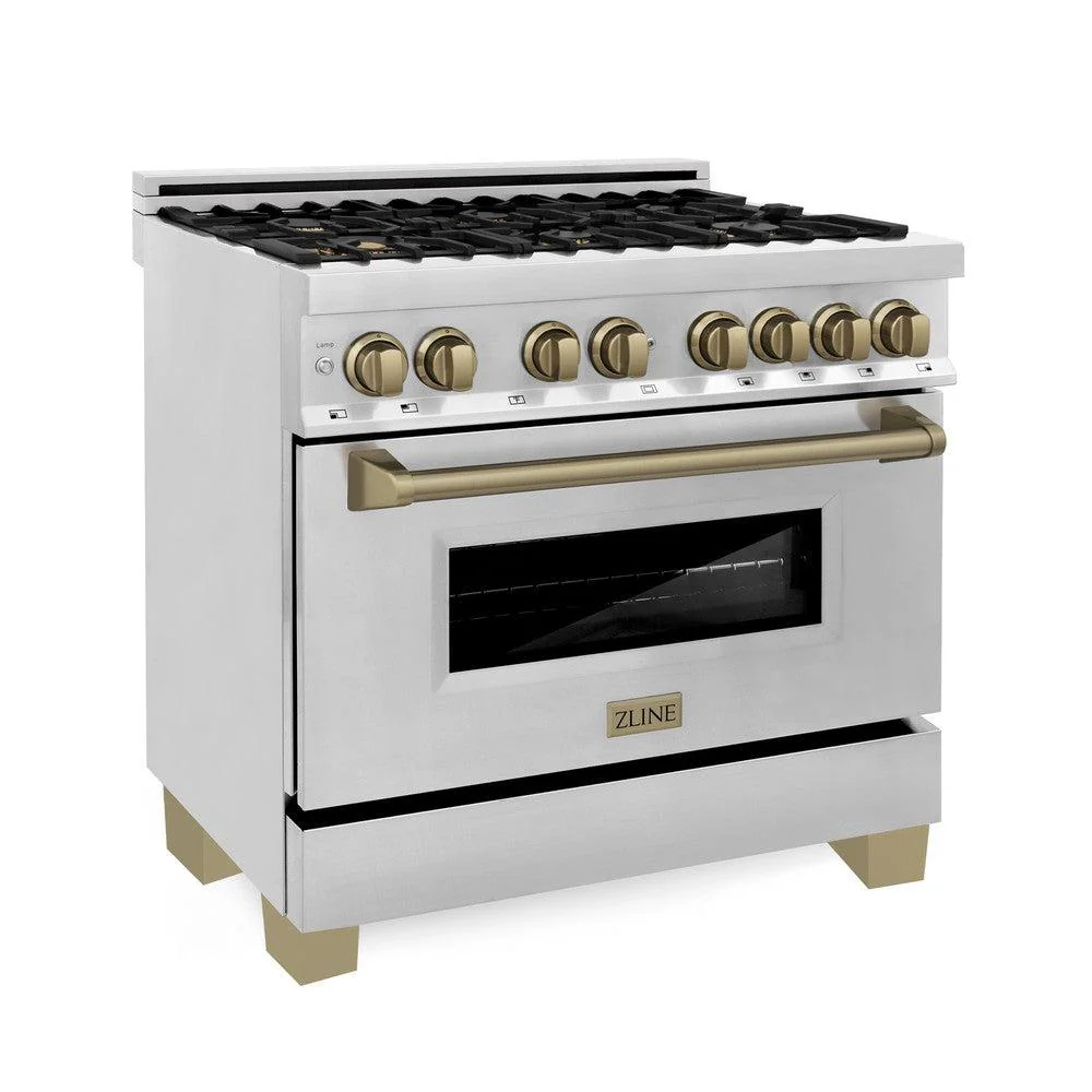 ZLINE Autograph Edition 36 in. Kitchen Package with Stainless Steel Dual Fuel Range, Range Hood, Dishwasher and Refrigeration Including External Water Dispenser with Champagne Bronze Accents (4AKPR-RARHDWM36-CB) - Image 2
