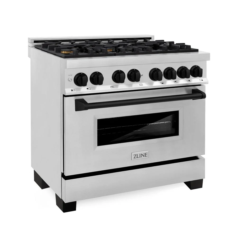ZLINE Autograph Edition 36 in. Kitchen Package with Stainless Steel Dual Fuel Range, Range Hood, Dishwasher and Refrigeration Including External Water Dispenser with Matte Black Accents (4AKPR-RARHDWM36-MB) - Image 2
