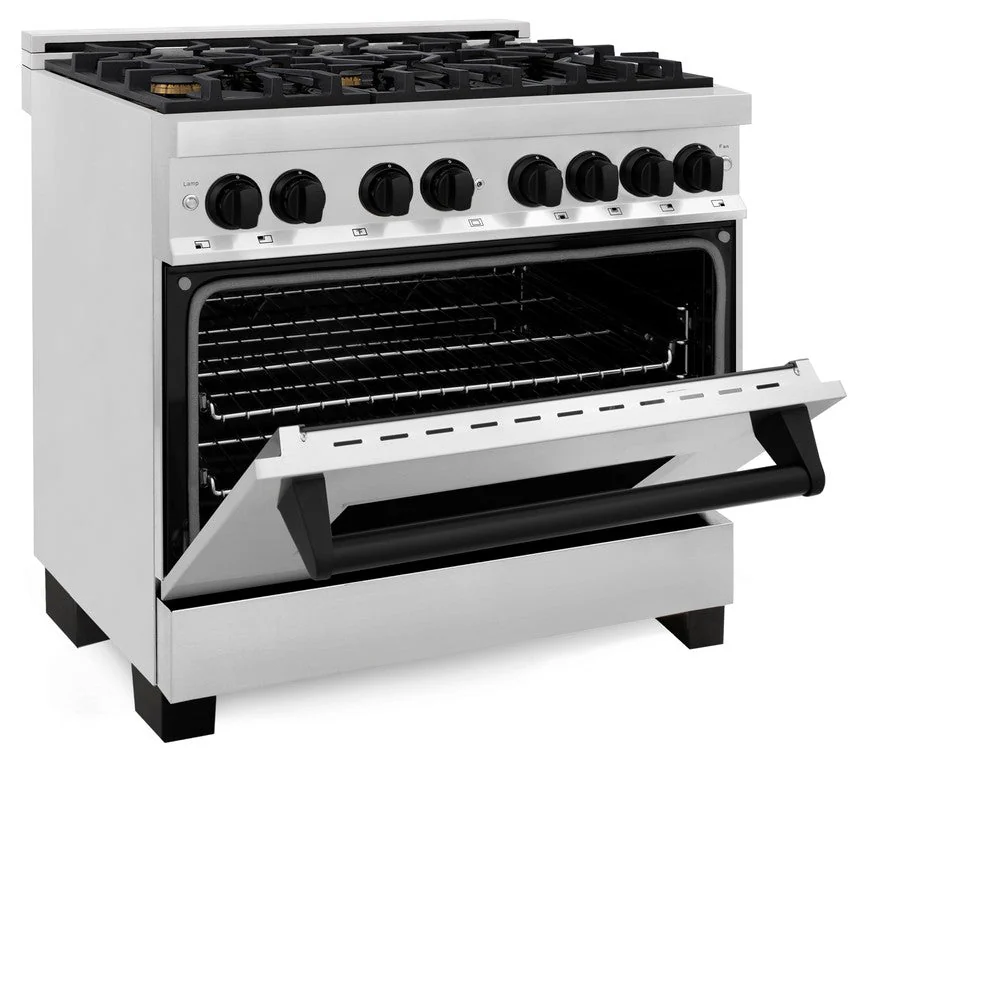 ZLINE Autograph Edition 36 in. Kitchen Package with Stainless Steel Dual Fuel Range, Range Hood, Dishwasher and Refrigeration Including External Water Dispenser with Matte Black Accents (4AKPR-RARHDWM36-MB) - Image 4