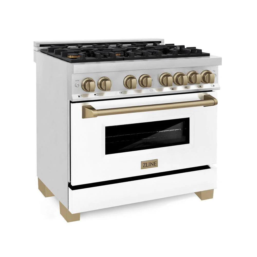 ZLINE Autograph Edition 36 in. Kitchen Package with Stainless Steel Dual Fuel Range with White Matte Door, Range Hood and Dishwasher with Champagne Bronze Accents (3AKP-RAWMRHDWM36-CB) - Image 2