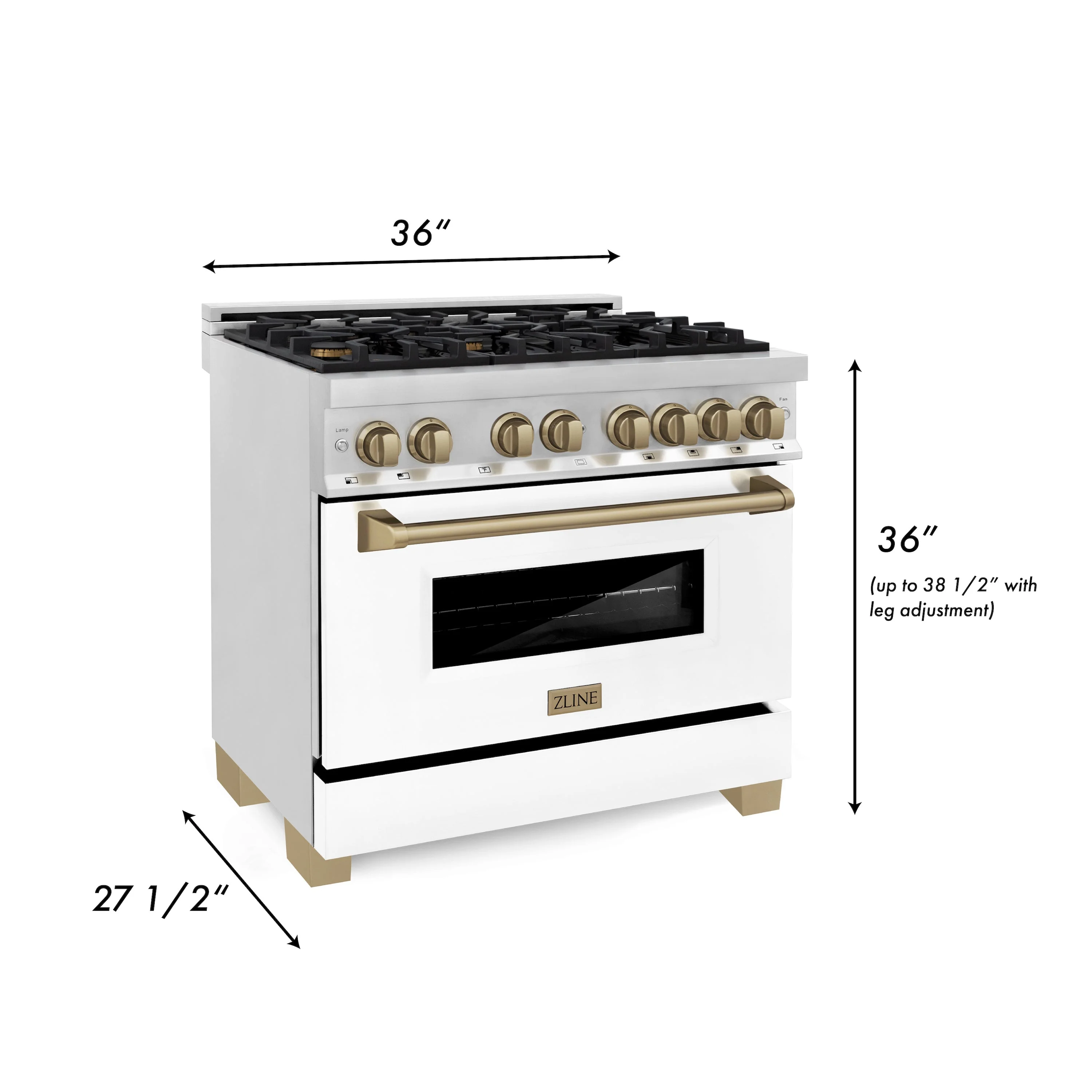 ZLINE Autograph Edition 36 in. Kitchen Package with Stainless Steel Dual Fuel Range with White Matte Door, Range Hood and Dishwasher with Champagne Bronze Accents (3AKP-RAWMRHDWM36-CB) - Image 8