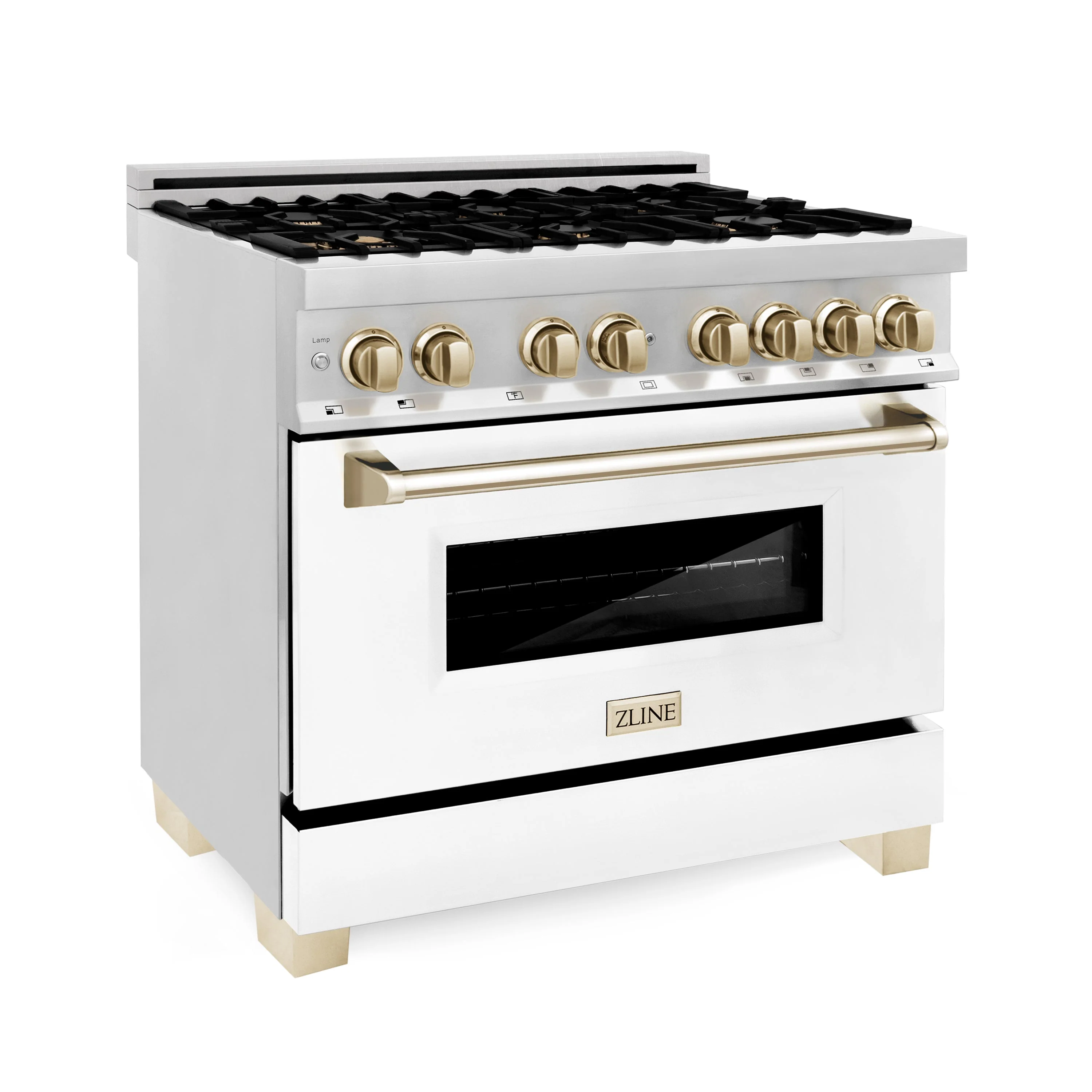ZLINE Autograph Edition 36 in. Kitchen Package with Stainless Steel Dual Fuel Range with White Matte Door and Range Hood with Polished Gold Accents (2AKP-RAWMRH36-G) - Image 2