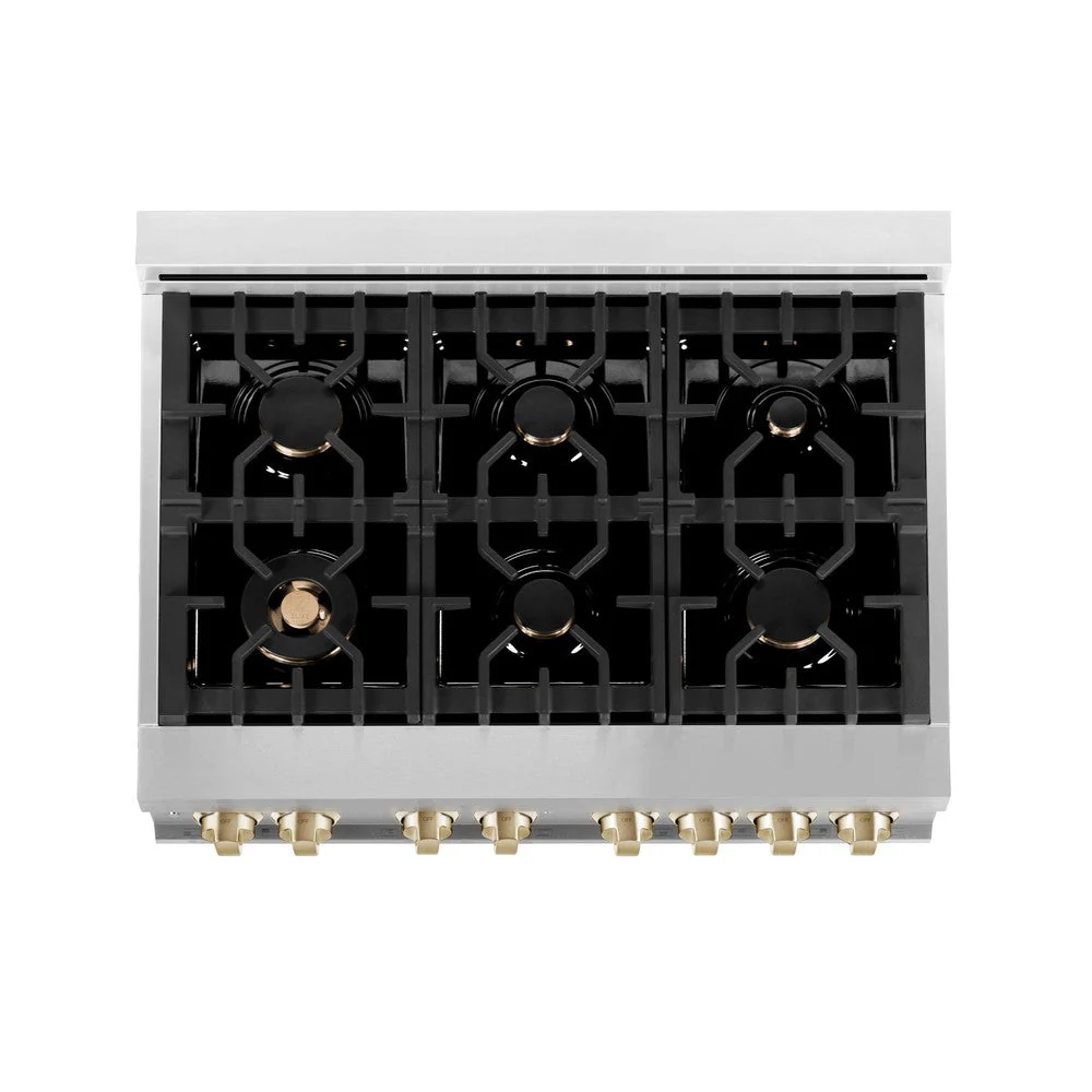 ZLINE Autograph Edition 36 in. Kitchen Package with Stainless Steel Dual Fuel Range with White Matte Door and Range Hood with Polished Gold Accents (2AKP-RAWMRH36-G) - Image 5
