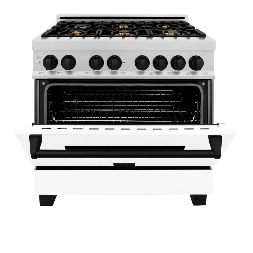ZLINE Autograph Edition 36 in. Kitchen Package with Stainless Steel Dual Fuel Range with White Matte Door and Range Hood with Matte Black Accents (2AKP-RAWMRH36-MB) - Image 4