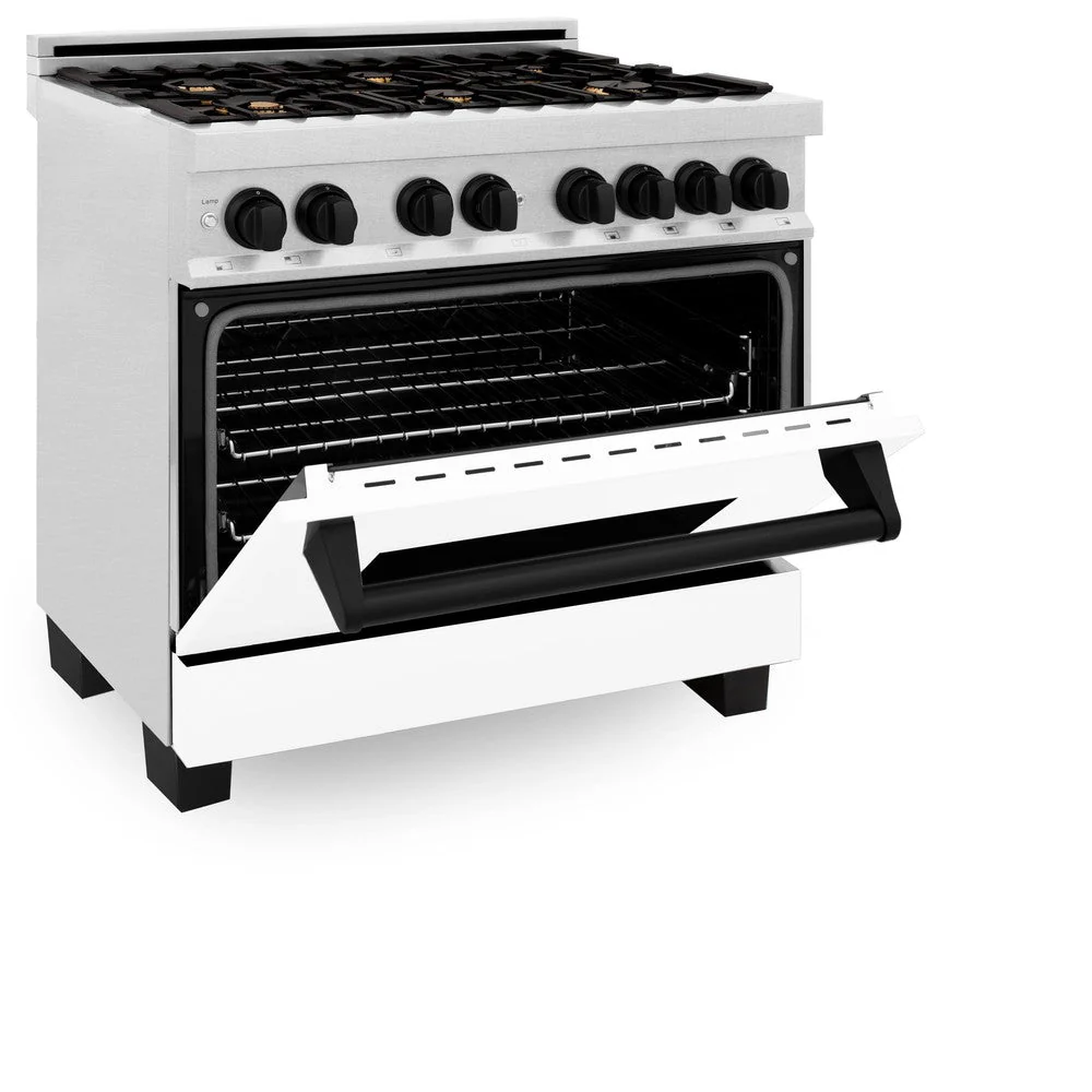 ZLINE Autograph Edition 36 in. Kitchen Package with Stainless Steel Dual Fuel Range with White Matte Door, Range Hood and Dishwasher with Matte Black Accents (3AKP-RAWMRHDWM36-MB) - Image 5