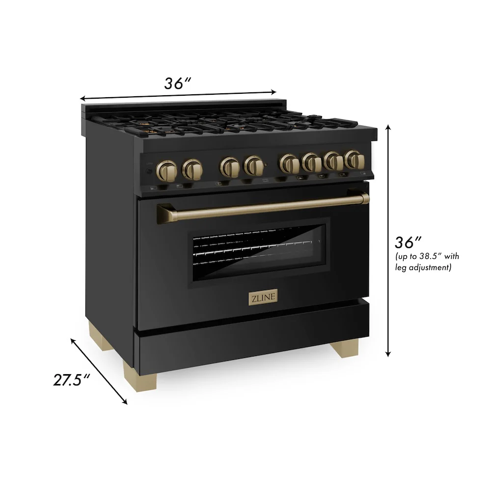 ZLINE Autograph Edition 36 in. 4.6 cu. ft. Legacy Dual Fuel Range with 6 Burner Gas Cooktop and Electric Convection Oven in Black Stainless Steel and Champagne Bronze Accents (RABZ-36-CB) - Image 16