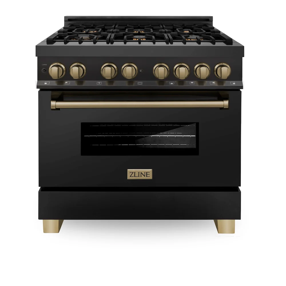 ZLINE Autograph Edition 36 in. 4.6 cu. ft. Legacy Dual Fuel Range with 6 Burner Gas Cooktop and Electric Convection Oven in Black Stainless Steel and Champagne Bronze Accents (RABZ-36-CB) - Image 3