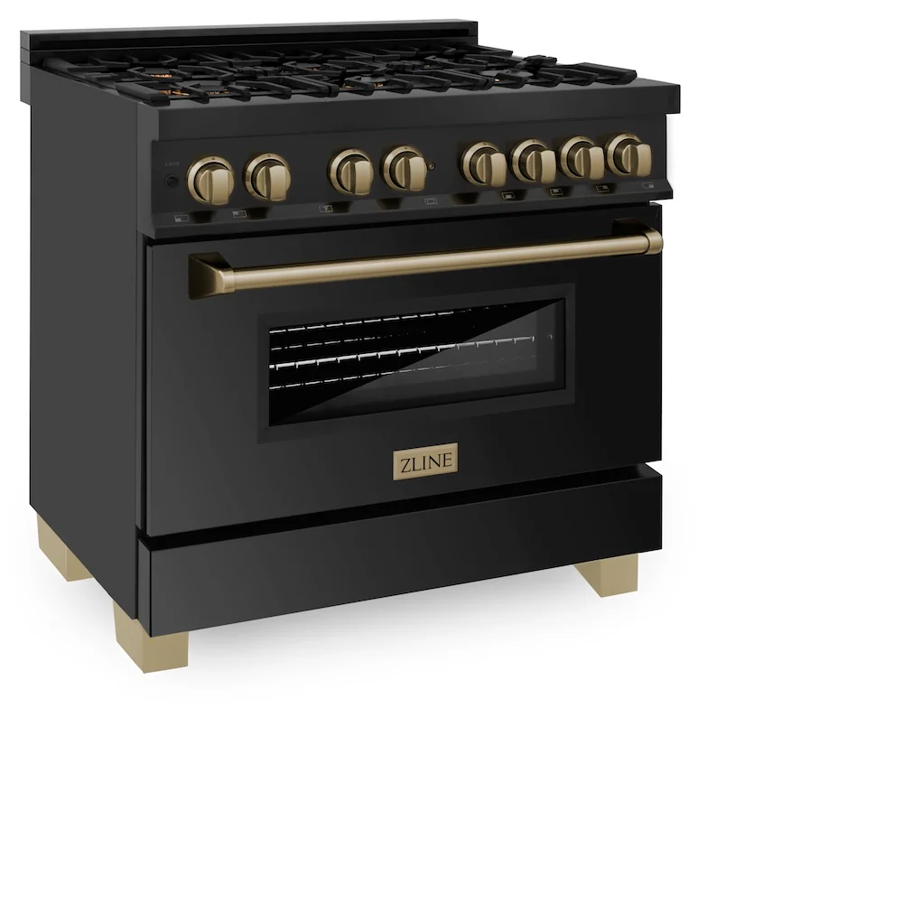 ZLINE Autograph Edition 36 in. 4.6 cu. ft. Legacy Dual Fuel Range with 6 Burner Gas Cooktop and Electric Convection Oven in Black Stainless Steel and Champagne Bronze Accents (RABZ-36-CB) - Image 4