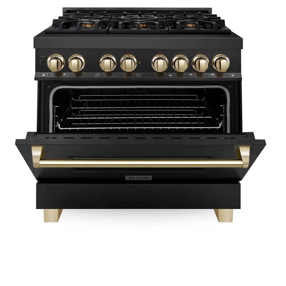 ZLINE Autograph Edition 36 in. 4.6 cu. ft. Legacy Dual Fuel Range with 6 Burner Gas Cooktop and Electric Convection Oven in Black Stainless Steel and Polished Gold Accents (RABZ-36-G) - Image 4