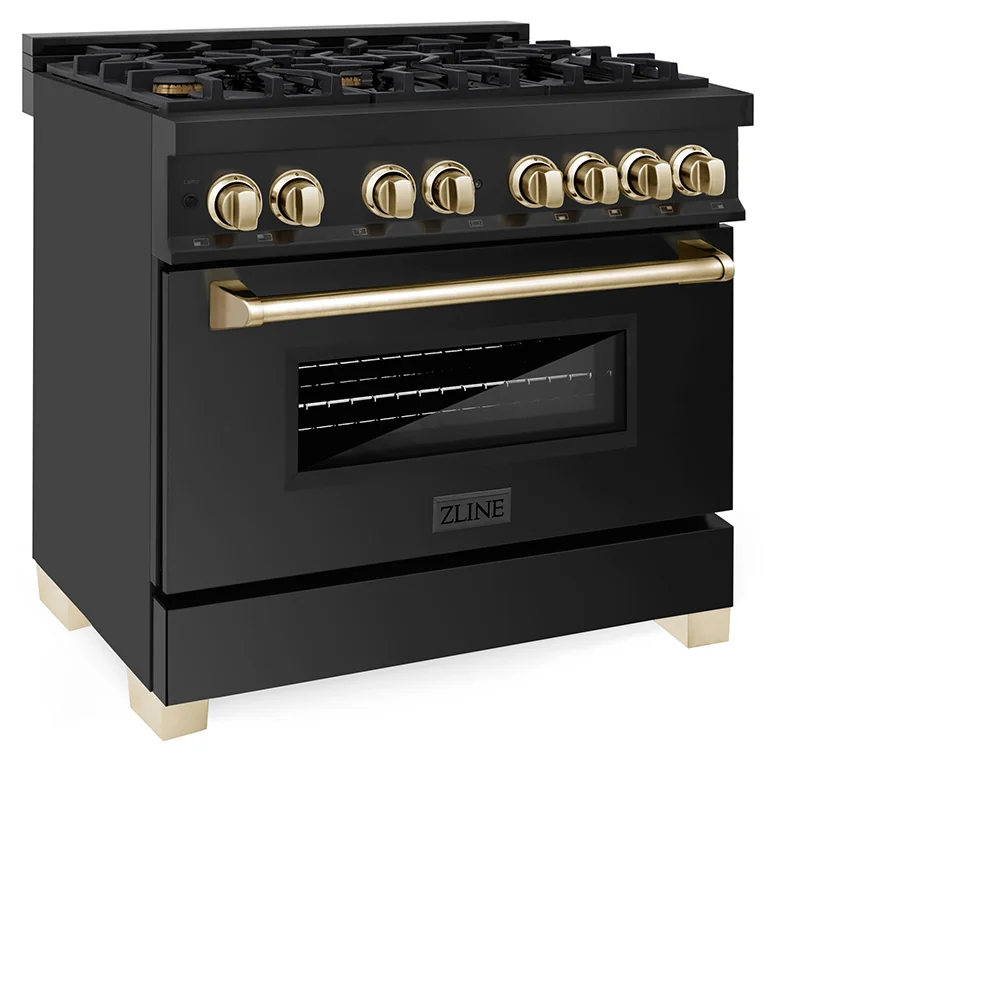 ZLINE Autograph Edition 36 in. 4.6 cu. ft. Legacy Dual Fuel Range with 6 Burner Gas Cooktop and Electric Convection Oven in Black Stainless Steel and Polished Gold Accents (RABZ-36-G) - Image 6