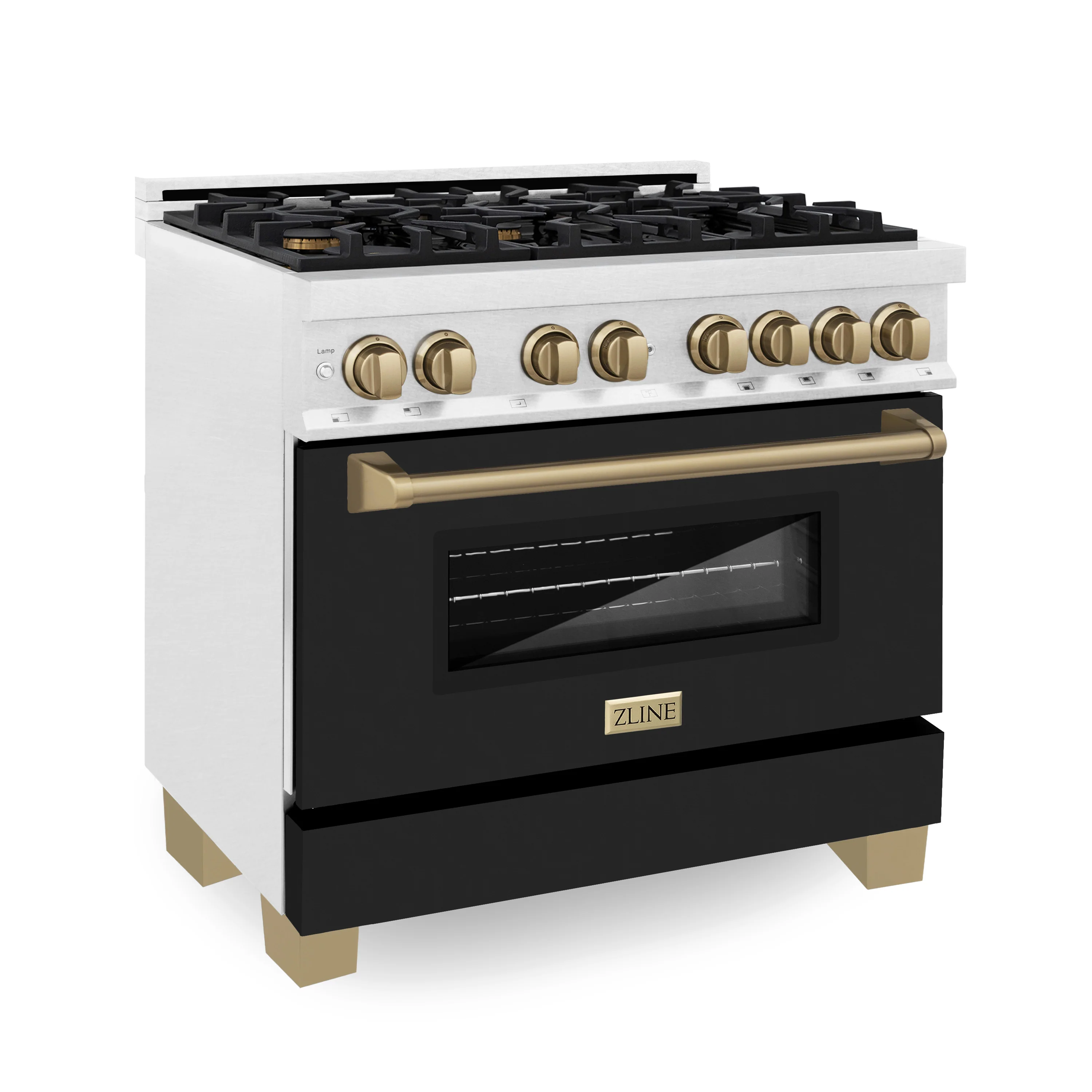 ZLINE Autograph Edition 36 in. 4.6 cu. ft. Legacy Dual Fuel Range with 6 Burner Gas Cooktop and Electric Convection Oven in Satin Stainless Steel with Black Matte Door and Champagne Bronze Accents (RASZ-BLM-36-CB) - Image 3