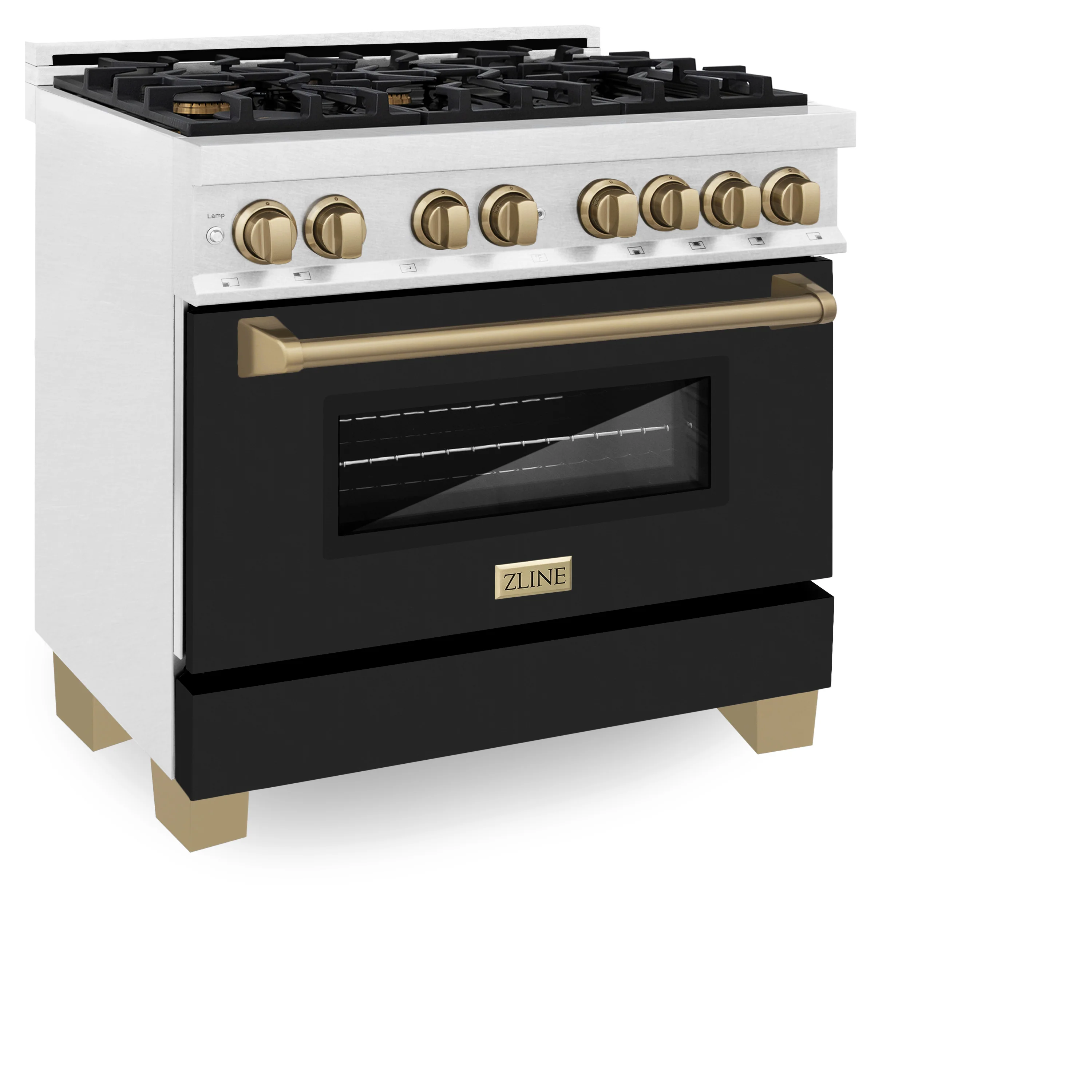 ZLINE Autograph Edition 36 in. 4.6 cu. ft. Legacy Dual Fuel Range with 6 Burner Gas Cooktop and Electric Convection Oven in Satin Stainless Steel with Black Matte Door and Polished Gold Accents (RASZ-BLM-36-G) - Image 4
