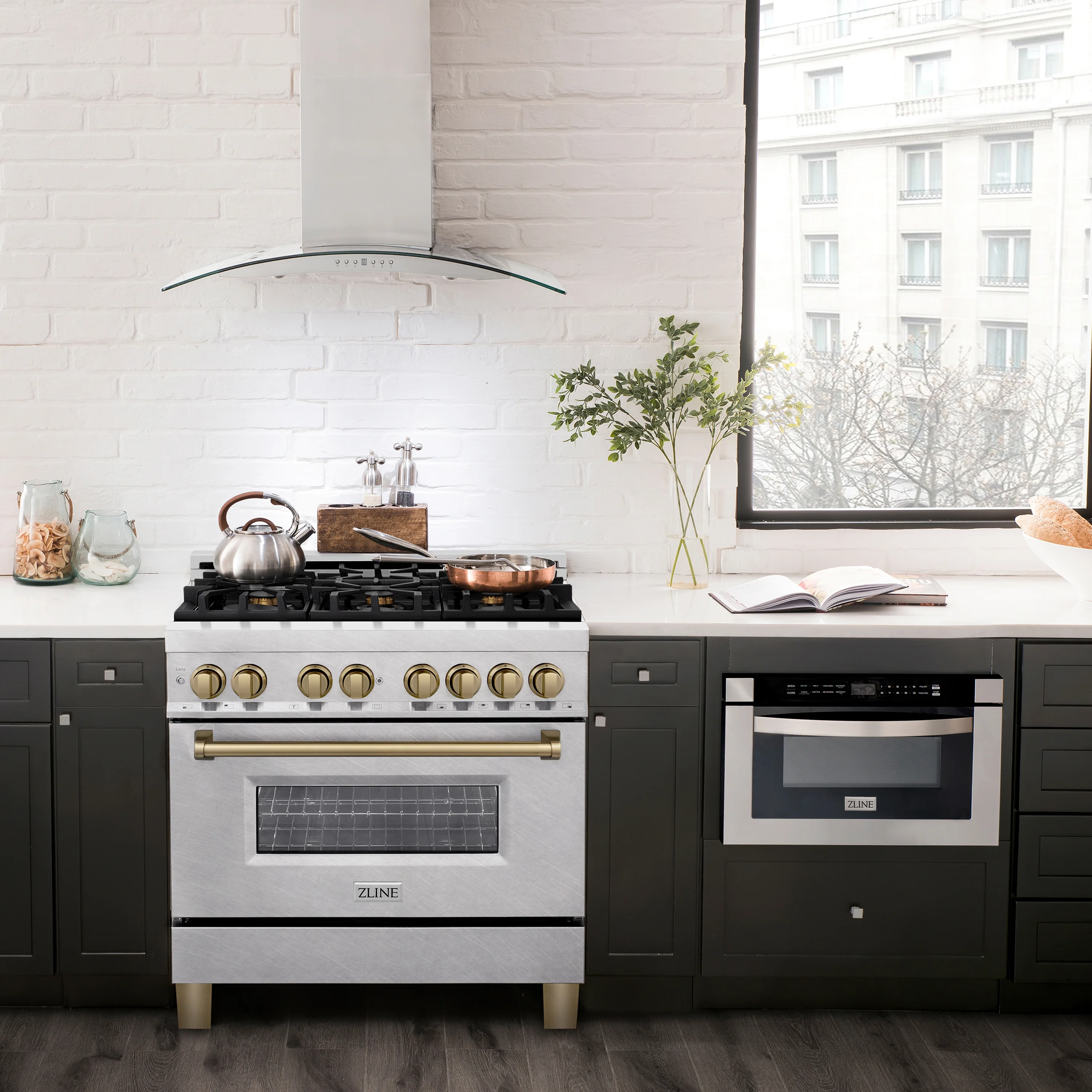 ZLINE Autograph Edition 36 in. 4.6 cu. ft. Legacy Dual Fuel Range with 6 Burner Gas Cooktop and Electric Convection Oven in Satin Stainless Steel and Champagne Bronze Accents (RASZ-SN-36-CB) - Image 2