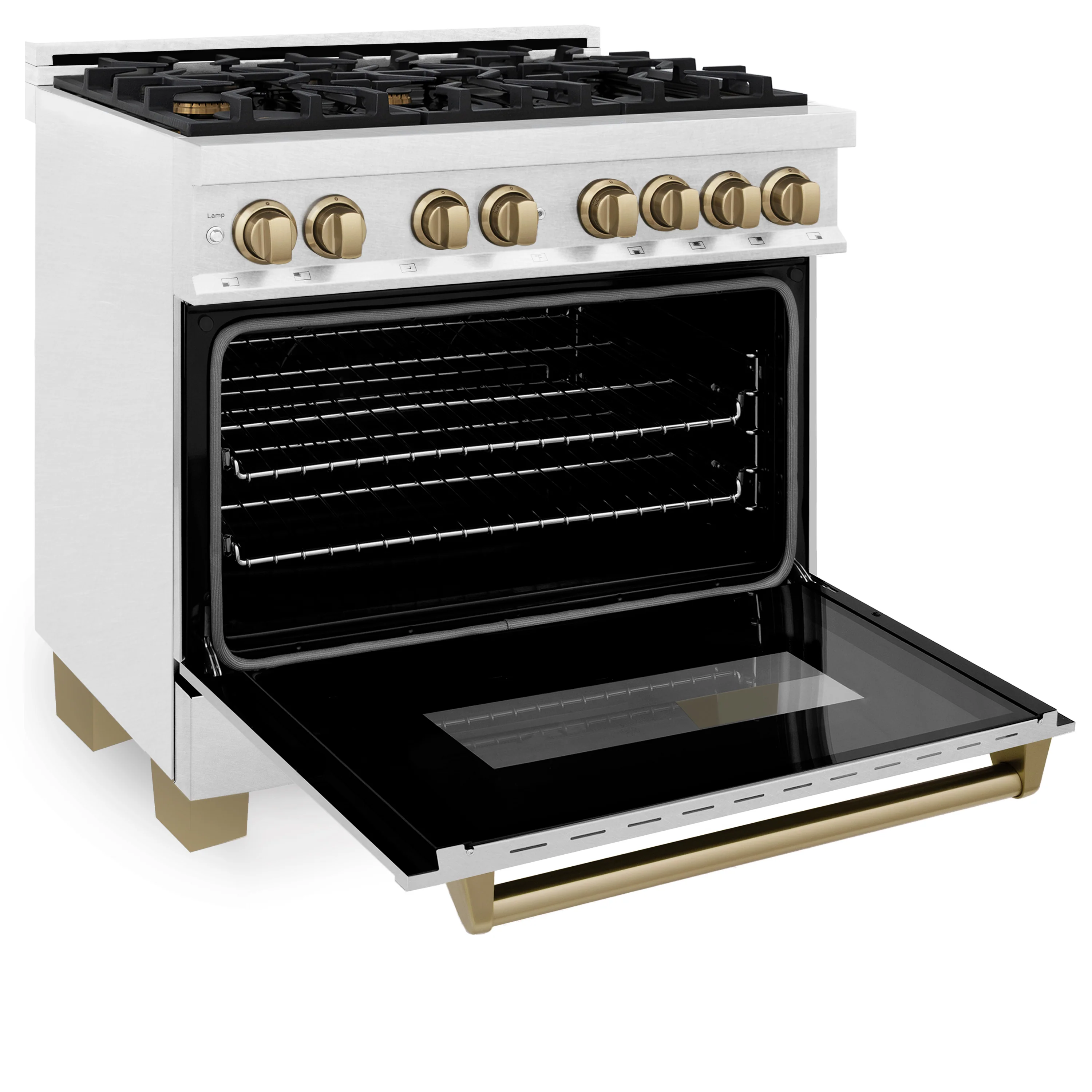 ZLINE Autograph Edition 36 in. 4.6 cu. ft. Legacy Dual Fuel Range with 6 Burner Gas Cooktop and Electric Convection Oven in Satin Stainless Steel and Champagne Bronze Accents (RASZ-SN-36-CB) - Image 5