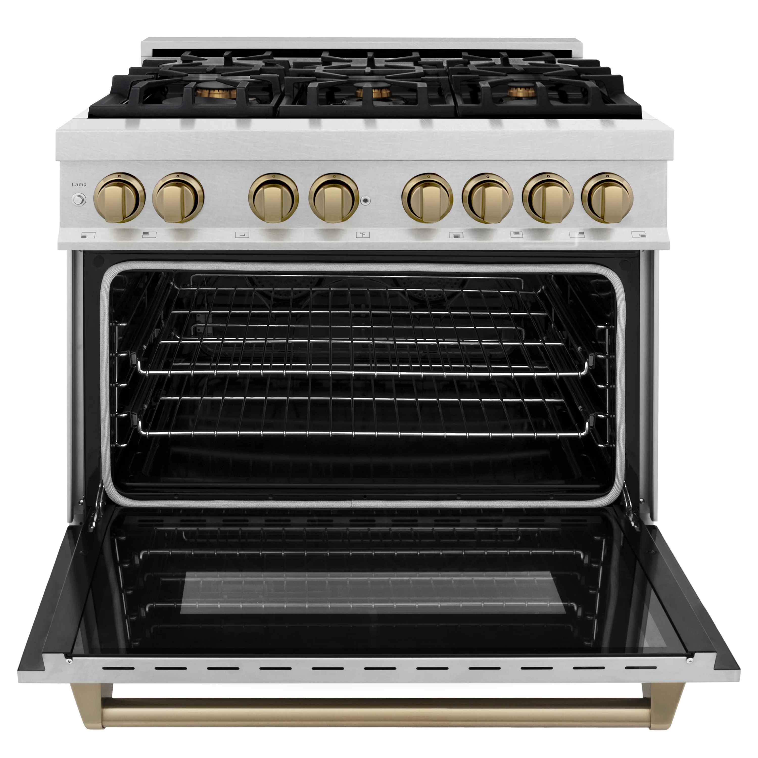 ZLINE Autograph Edition 36 in. 4.6 cu. ft. Legacy Dual Fuel Range with 6 Burner Gas Cooktop and Electric Convection Oven in Satin Stainless Steel and Champagne Bronze Accents (RASZ-SN-36-CB) - Image 8