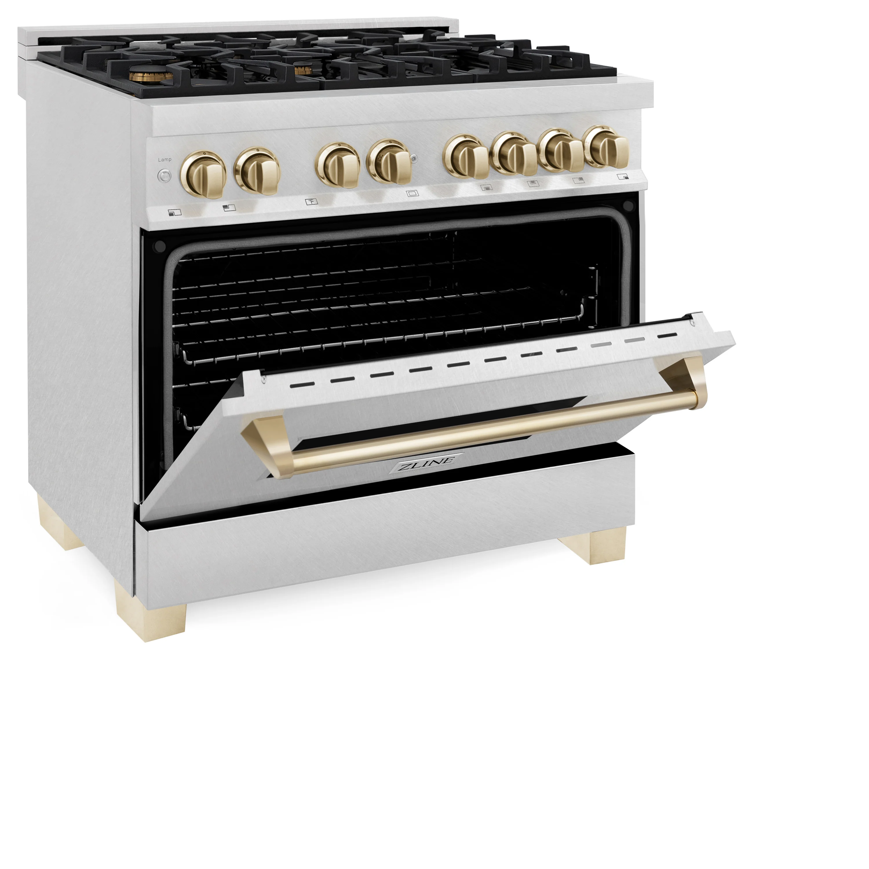 ZLINE Autograph Edition 36 in. 4.6 cu. ft. Legacy Dual Fuel Range with 6 Burner Gas Cooktop and Electric Convection Oven in Satin Stainless Steel and Polished Gold Accents (RASZ-SN-36-G) - Image 4